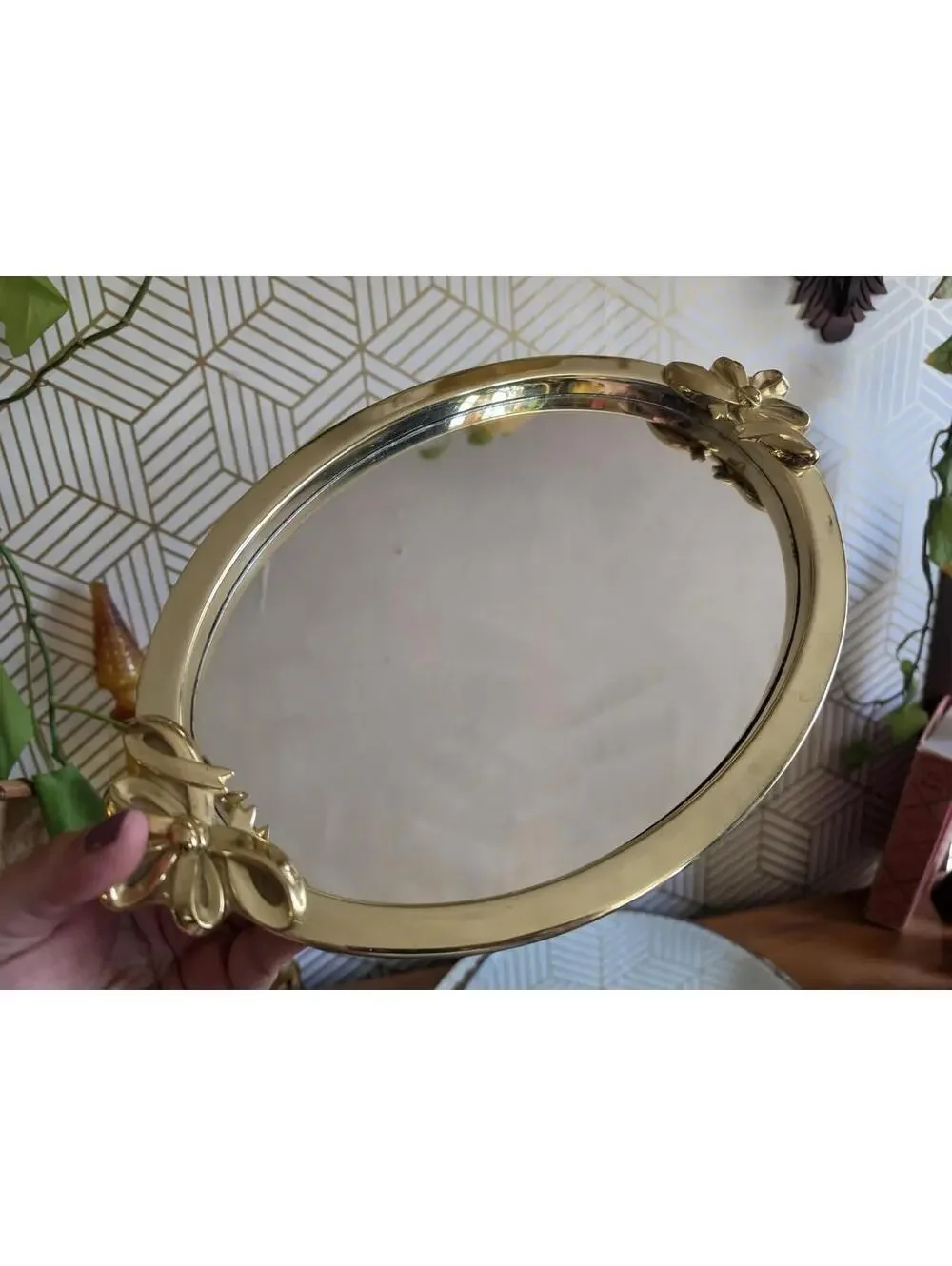 Vintage Gold Brass Ribbon Bows Oval Dresser Mirror Vanity Tray